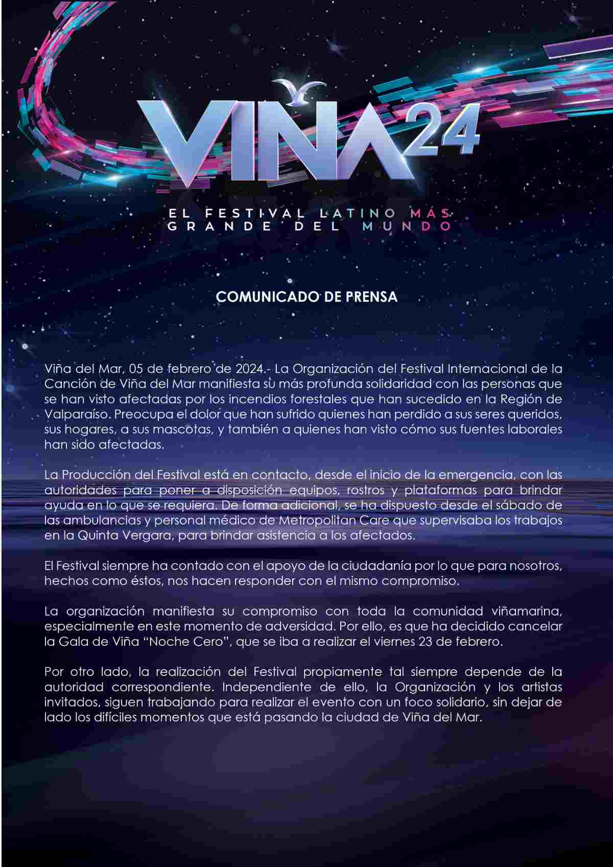 Comunicado Festival De Viña Noche Cero