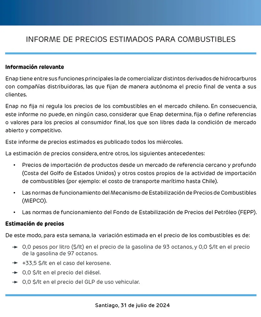 ENAP Informe Semanal De Precios 31 De Junio 2024