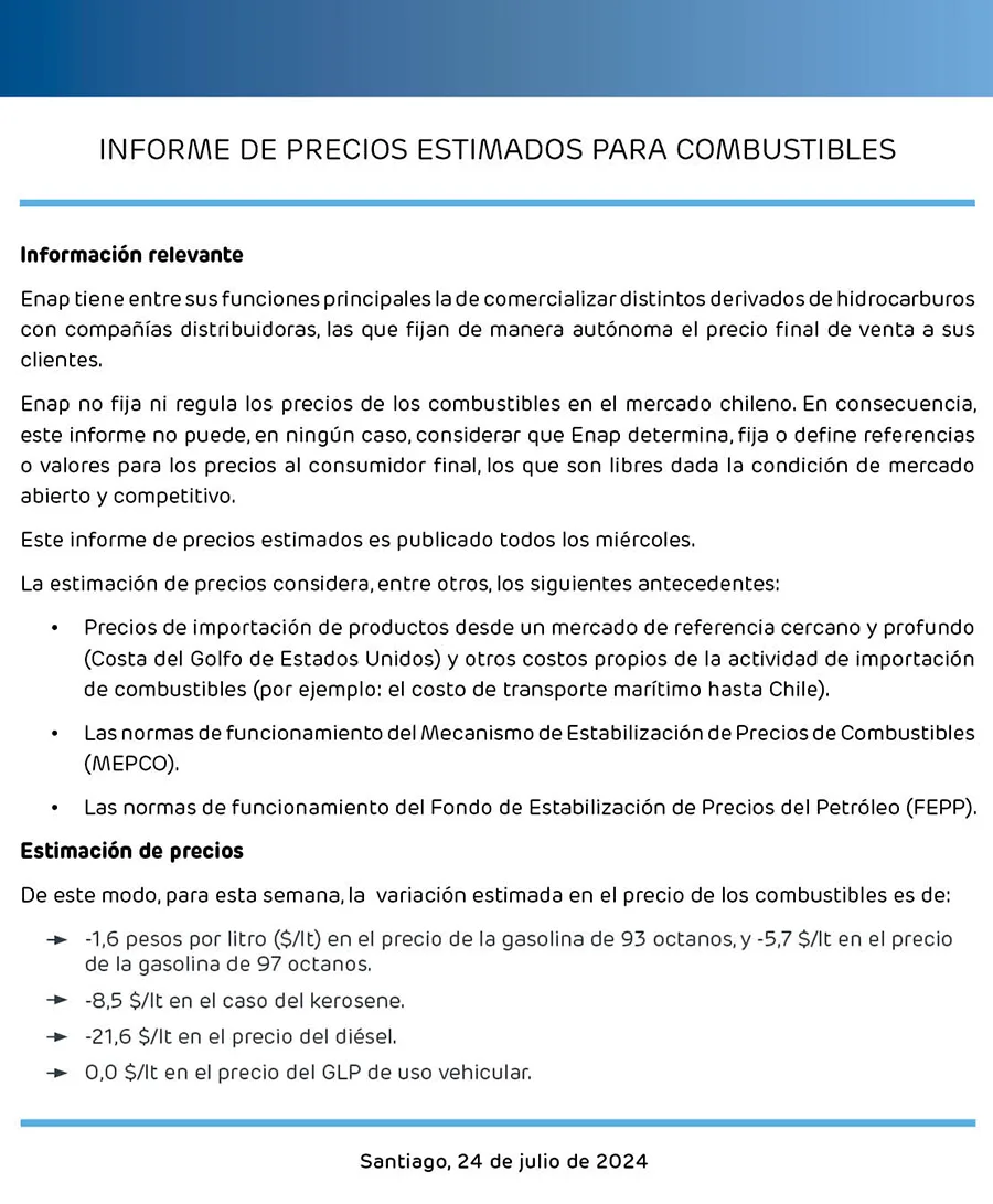 Informe Semanal De Precios ENAP 24 Julio 2024