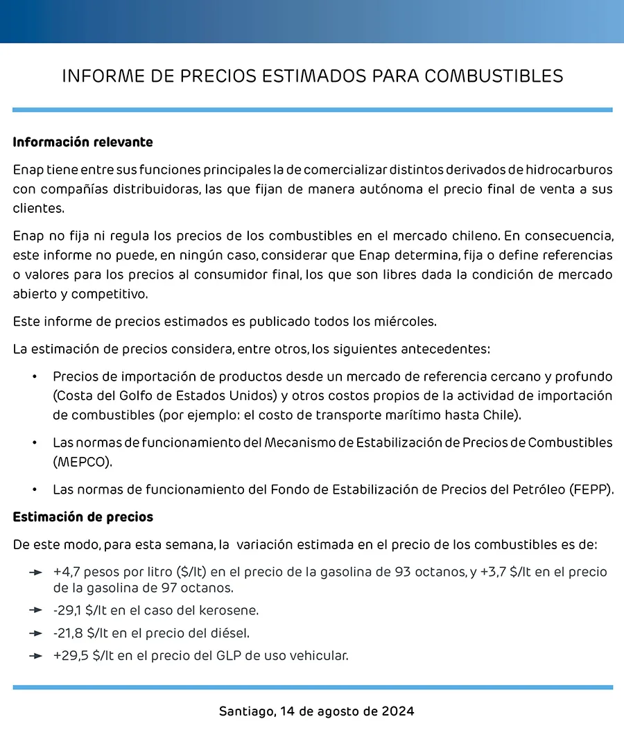 ENAP Informe Semanal De Precios 14 Agosto 2024