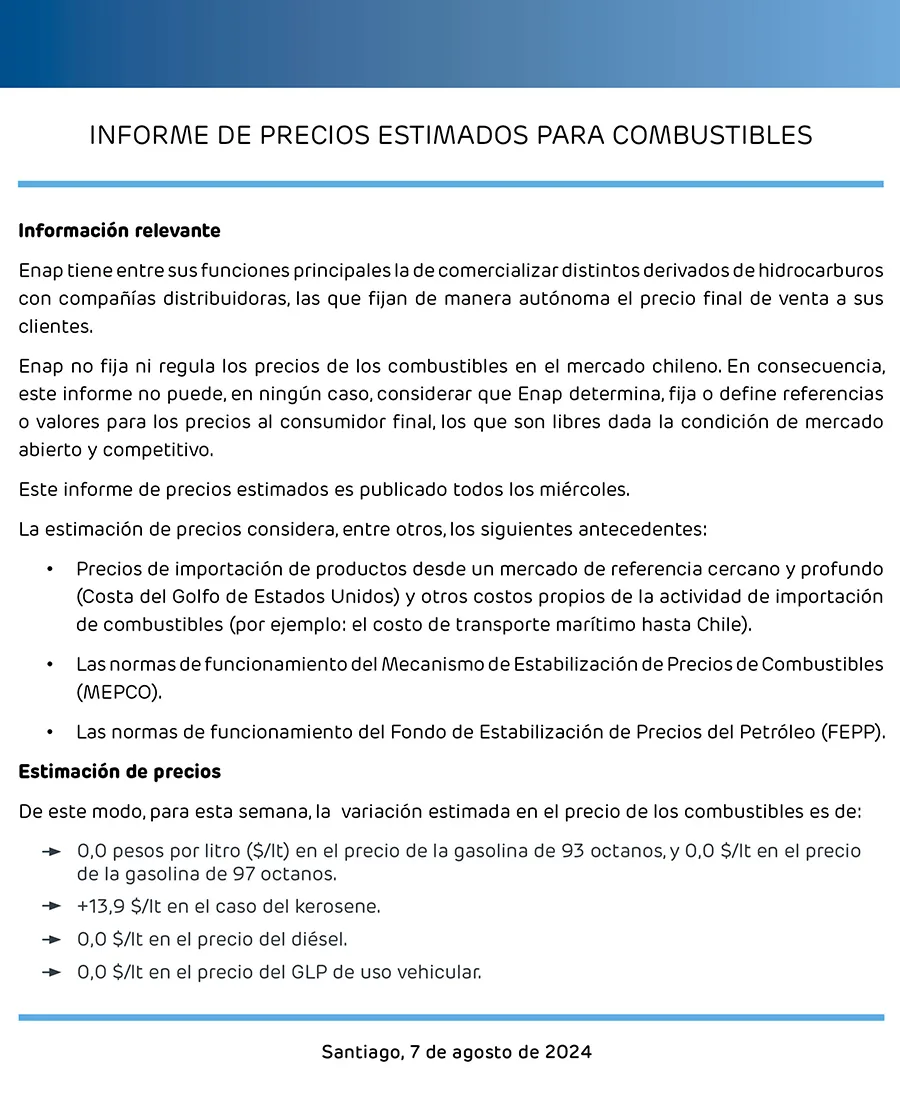 ENAP Informe Semanal De Precios 7 Agosto 2024