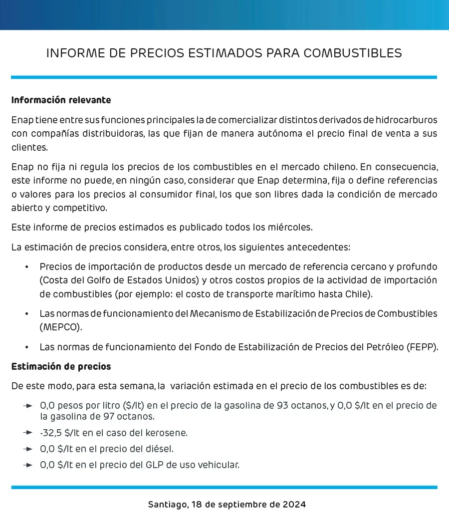 ENAP Informe Semanal De Precios 18 De Septiembre 2024