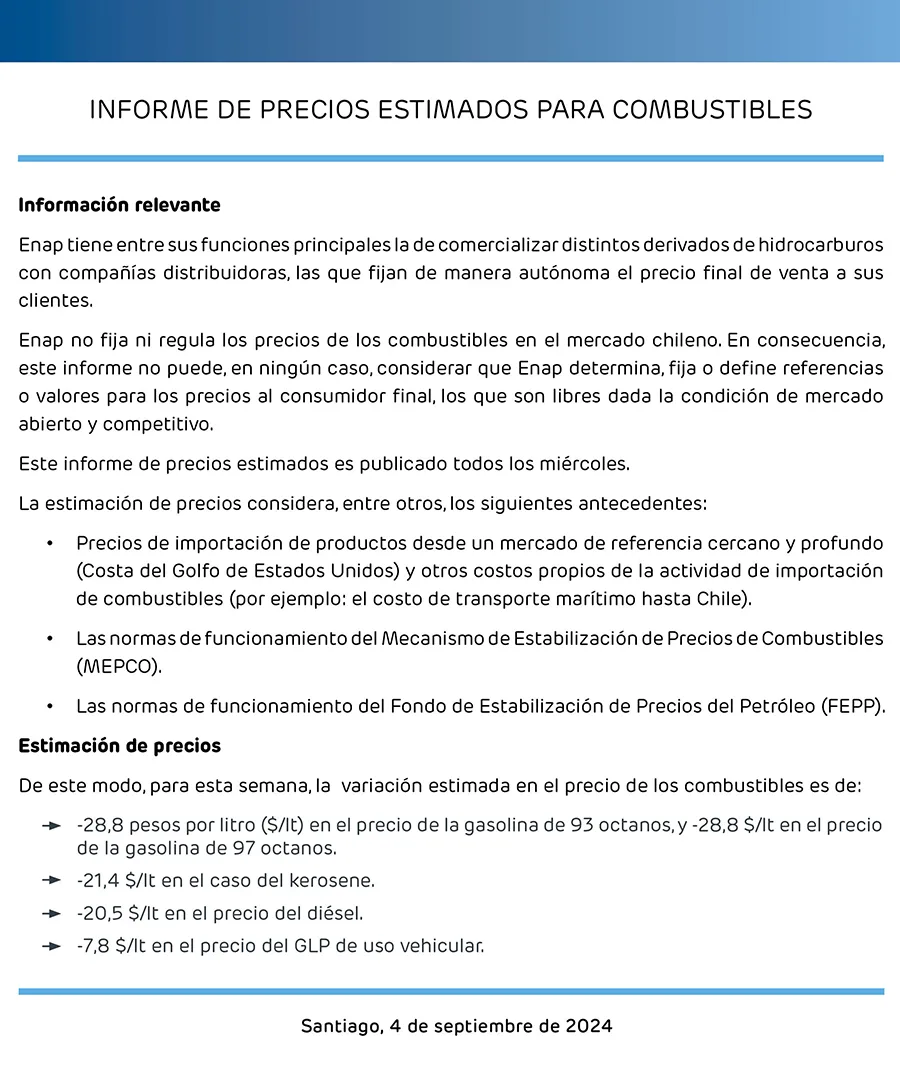 ENAP Informe Semanal De Precios 4 De Septiembre 2024